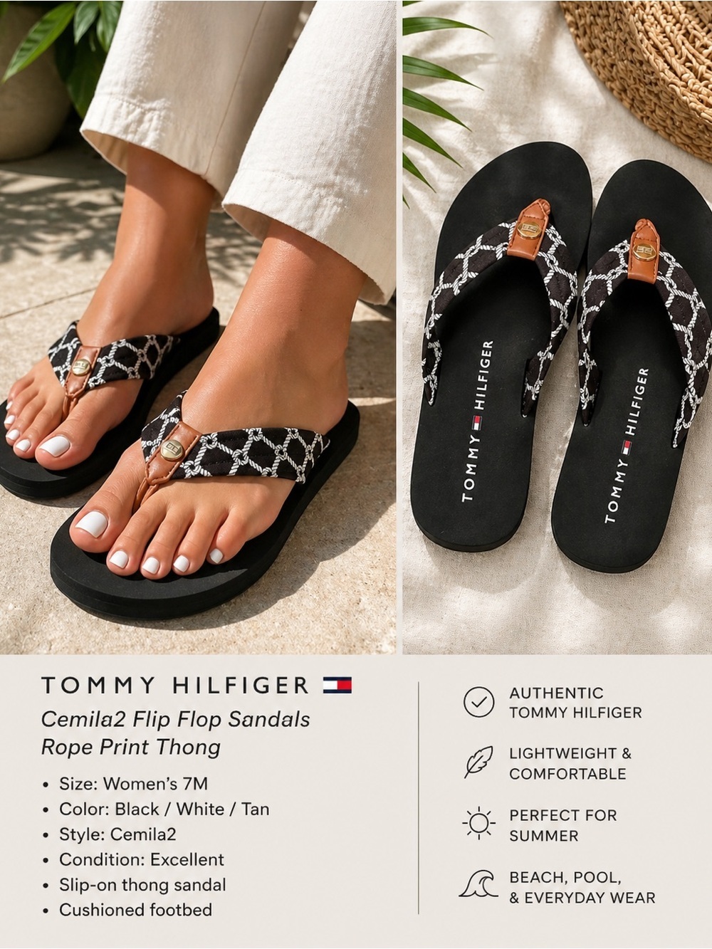 Tommy Hilfiger Cemila2 Flip Flop Sandals Rope Print Logo Thong Black Size 7